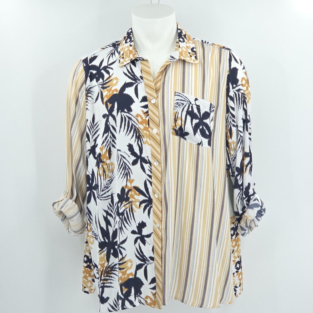 Multiples Button Up Down Shirt Womens Size 2X Roll Tab Palm Leaf Stripes Ikat